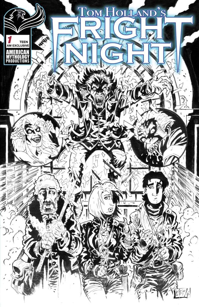 Cover art for Tom Holland's 'Fright Night' comic featuring four characters: a vampire in the center with an aggressive pose, flanked by three characters holding weapons. The scene is dynamic with broken glass and a spooky atmosphere.