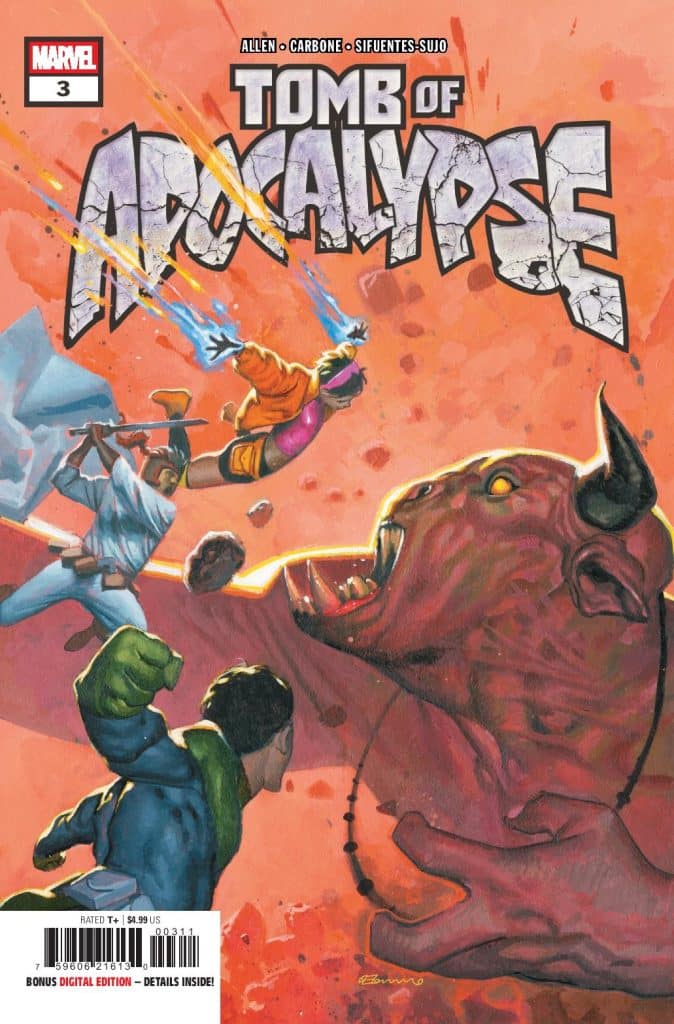Cover of Marvel's 'Tomb of Apocalypse' issue 3 featuring characters battling a large, menacing creature with red skin and sharp teeth against a vibrant orange background.