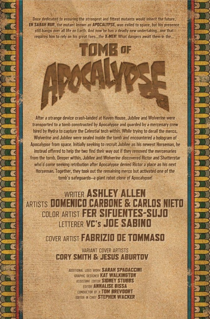 A promotional comic book page for 'Tomb of Apocalypse' featuring text about the storyline involving Apocalypse, Jubilee, and Wolverine, with credits for writers, artists, and additional contributors outlined against a textured background.
