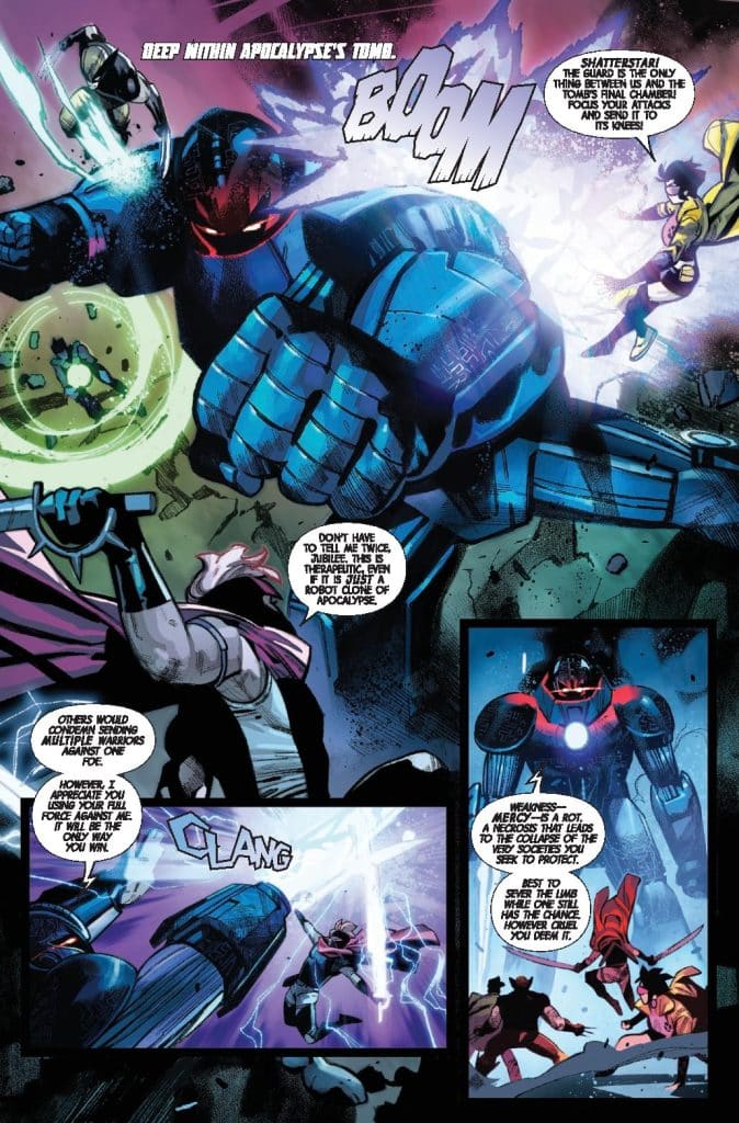 A comic book page depicting a dramatic battle scene set in Apocalypse's tomb, featuring a large armored figure striking down while another character prepares to assist. The background shows destruction and energy blasts, emphasizing the intensity of the conflict.