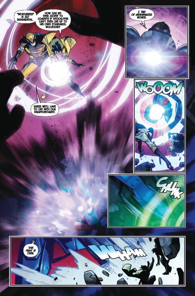 A comic book panel depicting two characters, one with claws and the other with a bright energy source, amidst a vibrant, swirling backdrop. Dialogue bubbles express concern and frustration about their abilities and challenges they face.