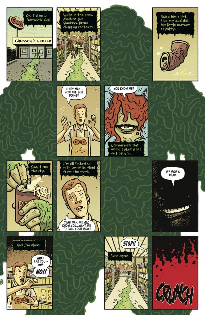 A comic strip featuring various scenes including a grocery store, humorous dialogue among characters, and surreal imagery with green goo and odd characters.