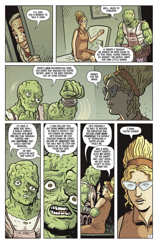 A comic panel featuring two characters discussing the implications of having a mutant child, with one character visibly distressed. The scene includes a green, mutated character showing his fist and expressing concerns about their potential offspring. The background features another character listening intently, both in a seated position.