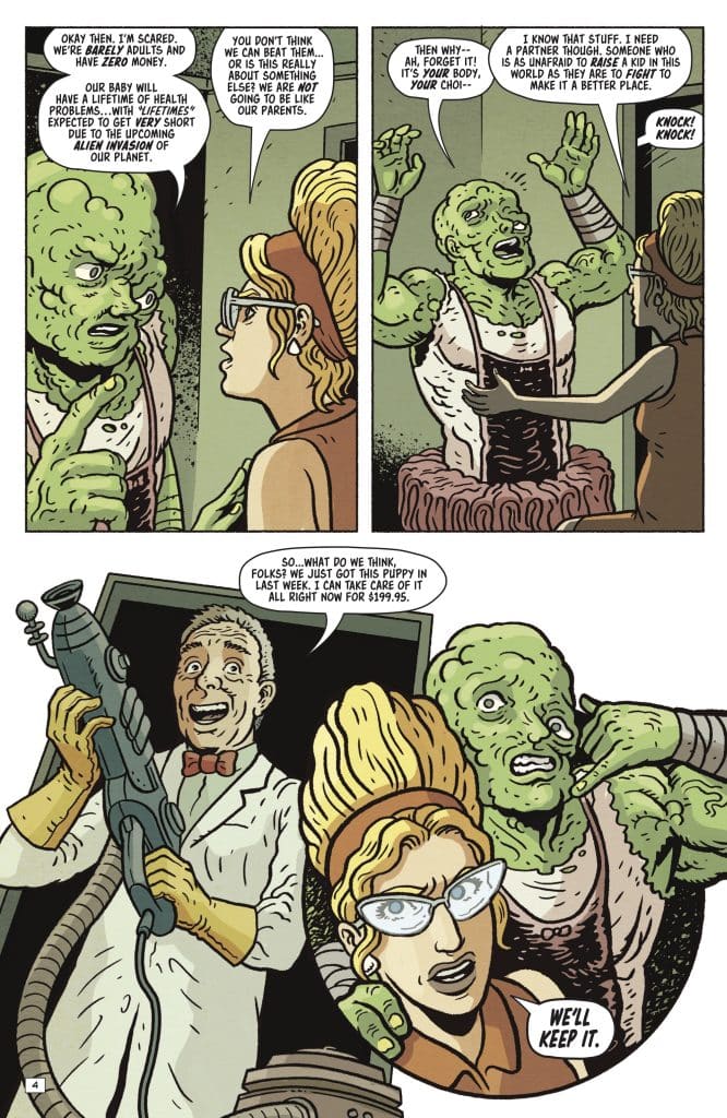 A comic strip featuring two alien characters in a discussion, with one expressing concern about having a baby in a dangerous world, and the other emphasizing the need for a partner. A third character, a scientist, appears in the background promoting an alien creature for sale.