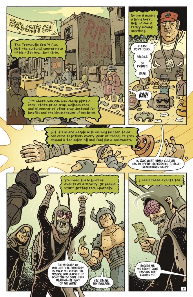 A comic panel featuring a crowded street scene at the Tromaville Craft Con, with various characters discussing cheap merchandise and the nature of community. The setting is humorous and satirical, highlighting quirky vendors and attendees.