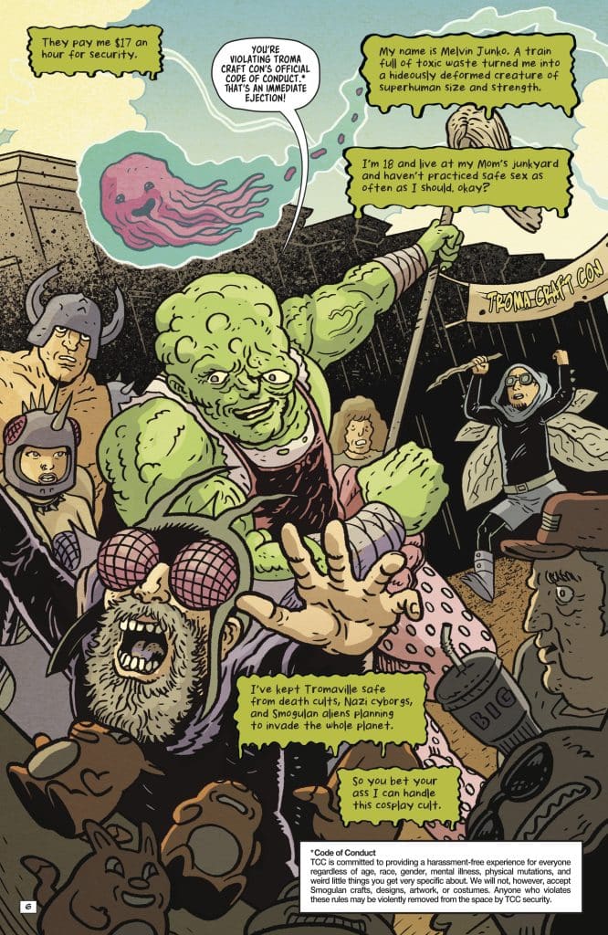A comic-style illustration depicting a character named Melvin Junko, a green humanoid with superhuman strength, at a Troma Craft Convention. He is surrounded by various eccentric characters, including a person with a jellyfish on their head and a man with exaggerated glasses. The scene conveys a humorous and chaotic atmosphere, emphasizing a playful take on cosplay culture and the importance of adhering to the convention's code of conduct.