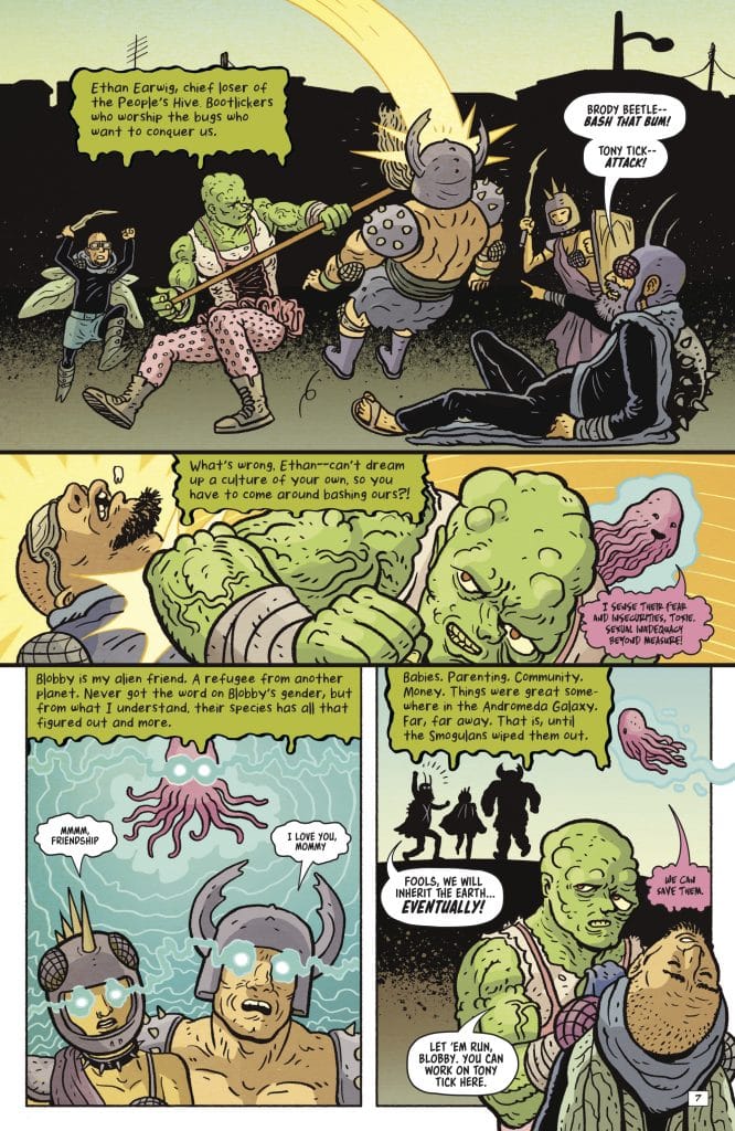 A colorful comic strip featuring alien characters engaged in a humorous confrontation, with a focus on themes of community and identity. The scene includes a character named Ethan arguing with others, while a green alien and a pink octopus appear in a lighthearted friendship dynamic.