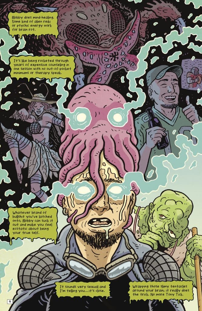 A comic illustration featuring a character with glowing eyes and tentacle-like hair, expressing a surreal experience of mind-healing. In the background, other quirky characters and scenes depict a blend of humor and fantastical elements.
