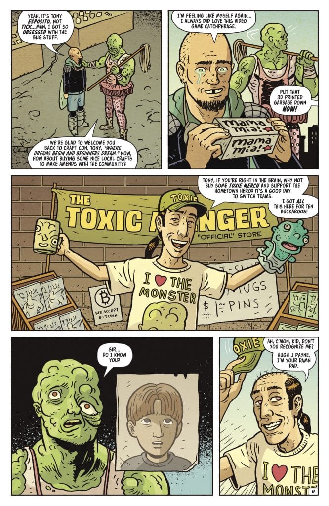 A comic panel featuring a green monster character interacting with a child and a bald man. The bald man is smiling while holding a sign that says 'I ❤️ THE MONSTER'. The child appears confused, looking at a photo of a boy. Another character, a man with dark hair, playfully claims to be the child's father, referencing the boy in the photo.