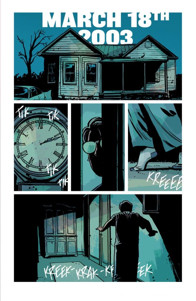 Comic panel showing an eerie house with a date, March 18th, 2003, prominent at the top. Panels below depict a clock, a person peering through a door, and sounds of creaking as they step inside.