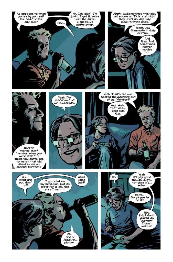 A comic panel featuring two characters in a conversation about horror movies and television shows, with one character drinking from a bottle and the other listening intently. The scene includes elements of intrigue and humor, showcasing their expressions and reactions.