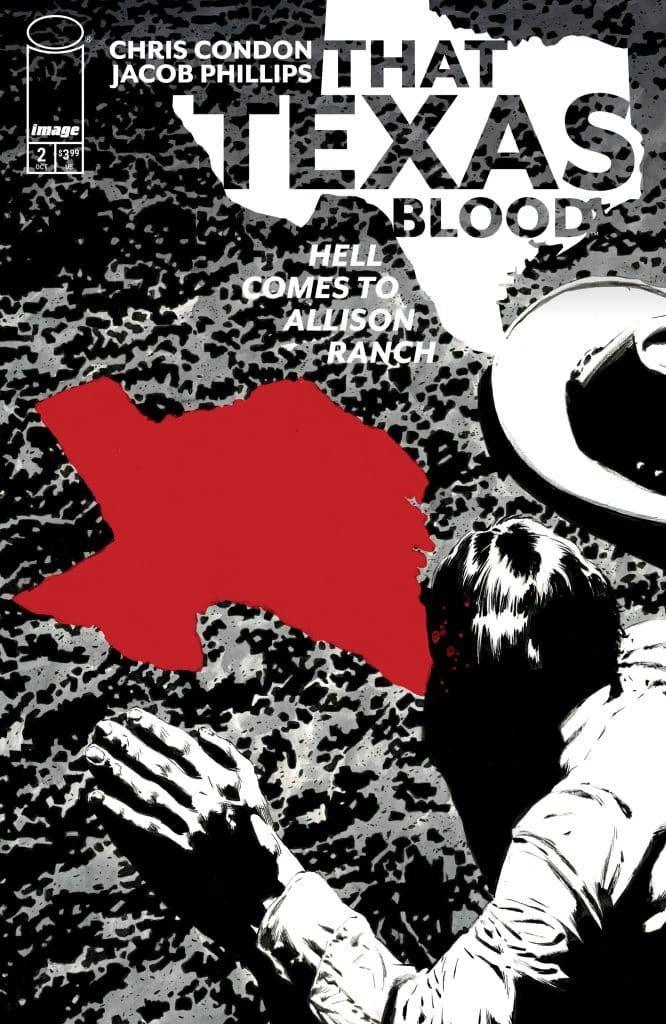 Cover of the comic book 'That Texas Blood', featuring a silhouette of a person with their hands clasped in front of a red outline of Texas, against a black and white background. The title and subtitle are prominently displayed.