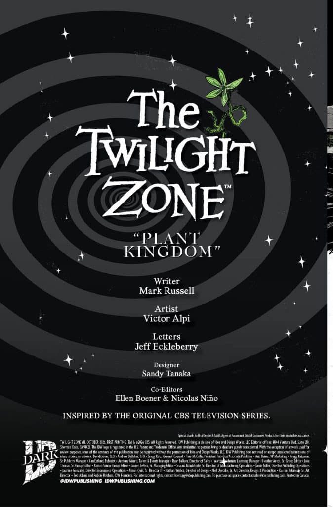 A promotional image for 'The Twilight Zone' episode titled 'Plant Kingdom', featuring the title in stylized text, surrounded by a swirling black and gray background with stars. It includes credits for the writer, artist, letters, designer, and co-editors.