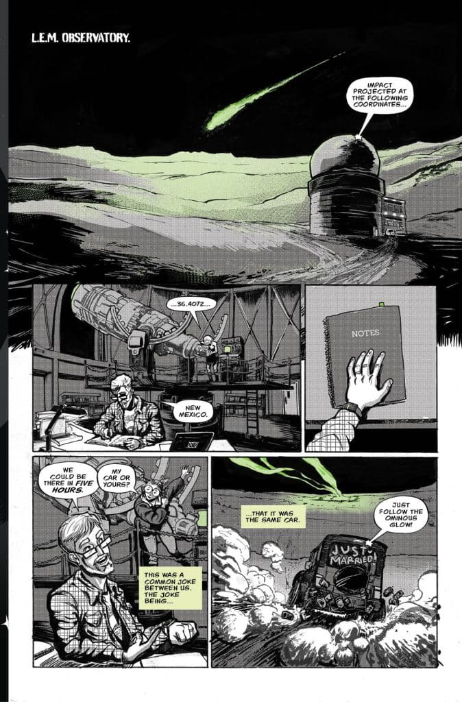 A comic strip set in an observatory showing characters discussing an impact projection at specific coordinates. One character is at a desk with a laptop while two others talk about a car, referencing a joke. The background features an observatory dome and a glowing object in the sky.
