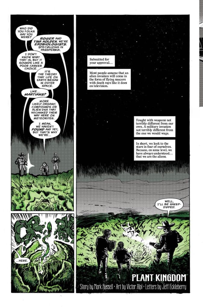 A comic panel featuring two characters, Roger and Tina, who identify themselves as exobiologists specializing in panspermia. The scene shows a lush, green landscape with an alien plant structure, while they discuss theories about alien life and potential invasions. The background is dark with stars, creating a cosmic atmosphere.