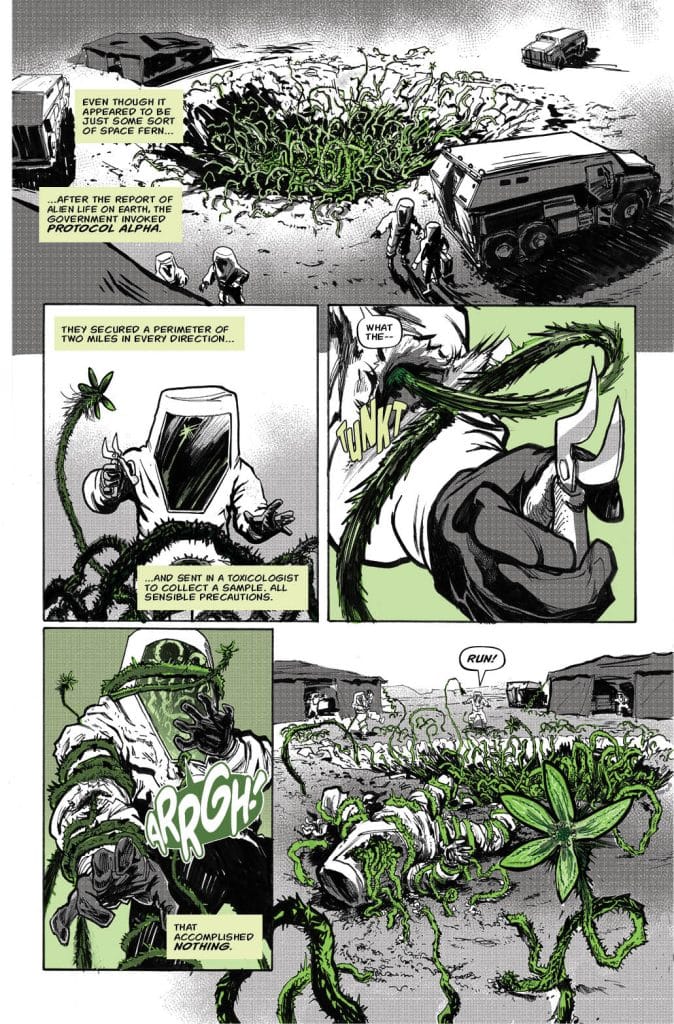 A comic panel depicts a group of scientists in protective gear interacting with alien plant life, surrounded by a military vehicle. One scientist appears to be attacked by the vines, shouting in distress, while others look alarmed. The scene conveys a sense of urgency and danger regarding the extraterrestrial flora.