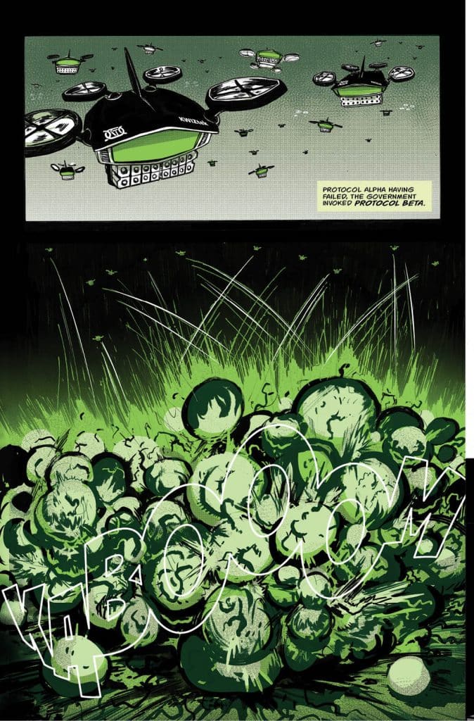 A futuristic aircraft observes a chaotic explosion below, with green elements and action lines conveying movement and intensity. Text boxes indicate a government protocol failure.