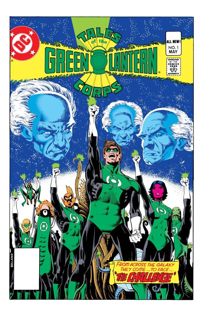 Comic book cover featuring the title 'Tales of the Green Lantern Corps' with various Green Lantern characters in heroic poses, and large faces of two characters looming in the background.