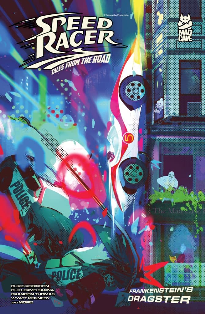 Colorful comic book cover featuring a high-speed car chase with a police car and a racing vehicle from 'Speed Racer: Tales from the Road', highlighting dynamic motion and vibrant colors.