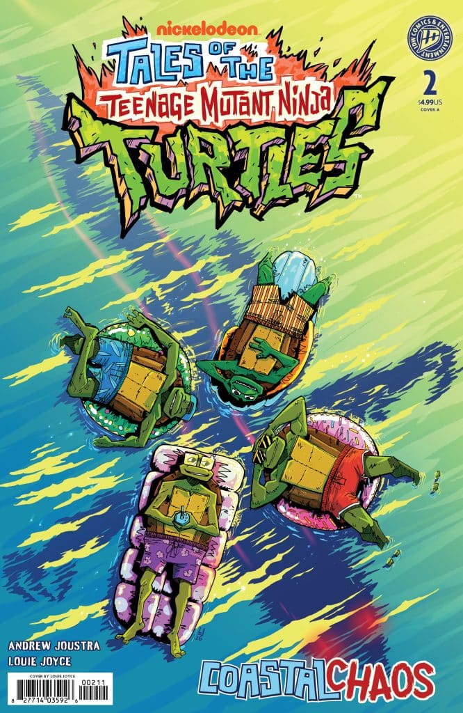 Cover of 'Tales of the Teenage Mutant Ninja Turtles' comic book issue 2, featuring four turtles relaxing on floaties in a colorful ocean setting.