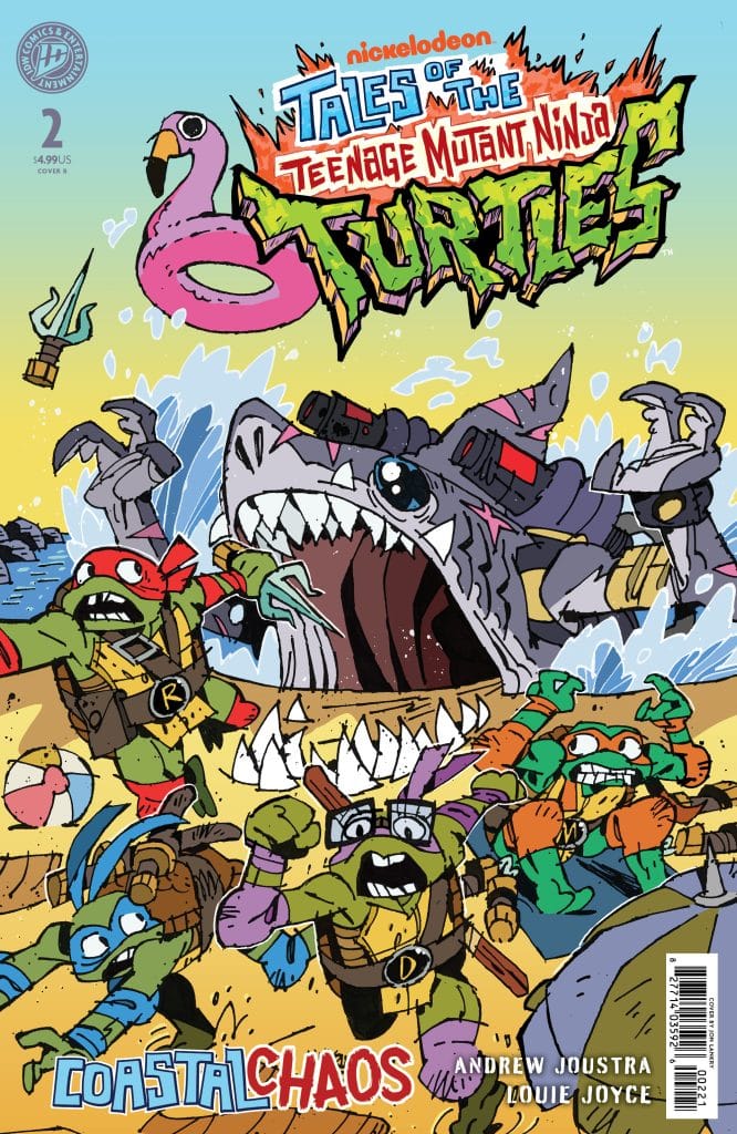 Comic book cover of 'Tales of the Teenage Mutant Ninja Turtles' featuring colorful illustrations of the turtles in action against a large dinosaur-like creature on a beach, with vibrant elements like a flamingo and beach accessories.