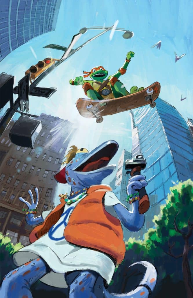 A vibrant urban scene featuring a green anthropomorphic turtle skateboarding in mid-air, wearing a bandana and a skateboard with graphics. Below, a blue anthropomorphic creature is holding a camera and cheering, dressed in an orange vest and white shirt. Tall buildings and traffic lights are visible in the background under a clear blue sky.
