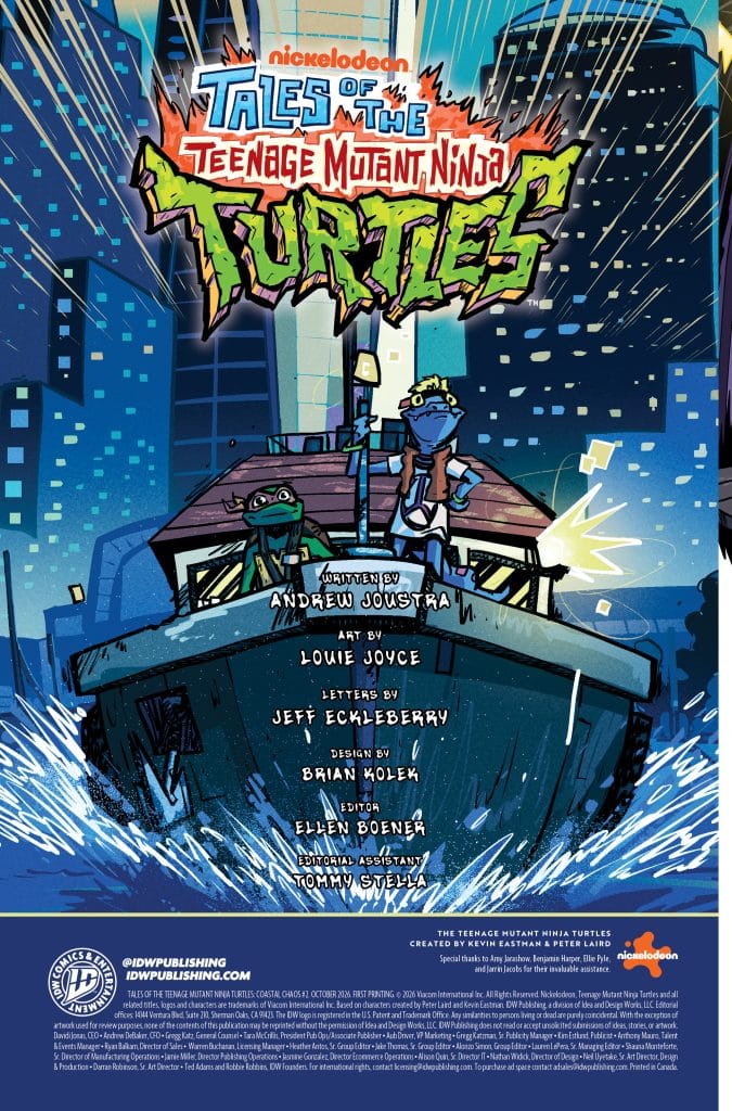 Cover of 'Tales of the Teenage Mutant Ninja Turtles' comic book featuring a vibrant illustration of the turtles on a boat in a cityscape at night, with text indicating the creative team behind the publication.