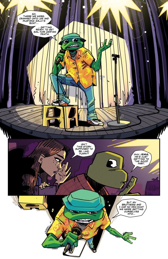 A green anthropomorphic character wearing a colorful Hawaiian shirt stands on a stage with a microphone, delivering a comedic story while focusing on the audience. The scene is illuminated by bright lights, highlighting the performer and his expressions.