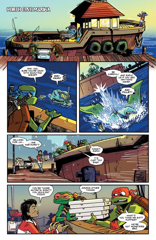 A comic-style image depicting a marina with a boat and characters resembling turtles engaging in humorous dialogue about a delivery.