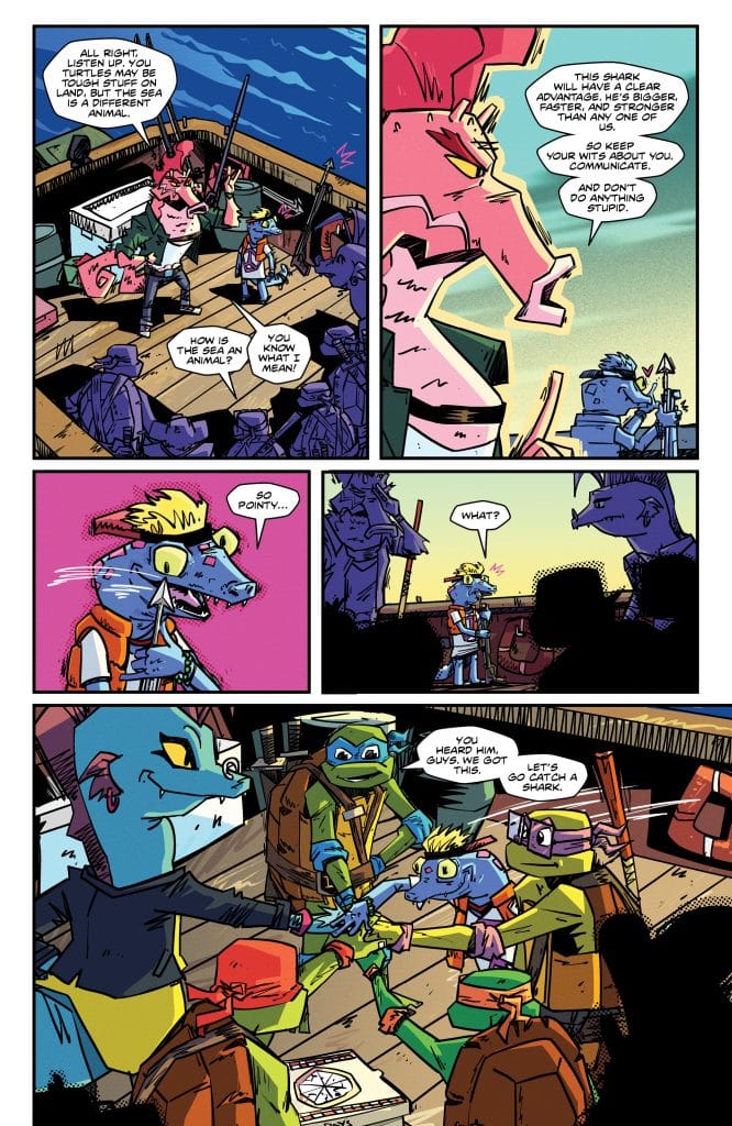 Comic panel featuring anthropomorphic turtles preparing for an adventure on a boat, discussing challenges posed by a shark.
