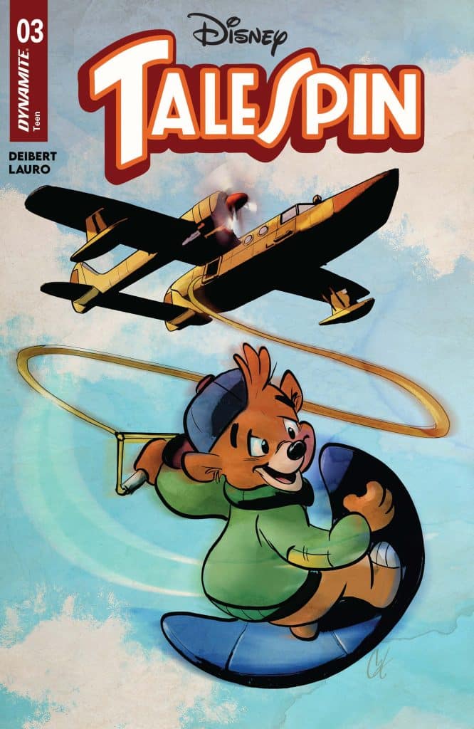 Cover of Disney's 'TaleSpin' comic issue 03, featuring a bear character flying a plane while holding a lasso, with a colorful sky background.