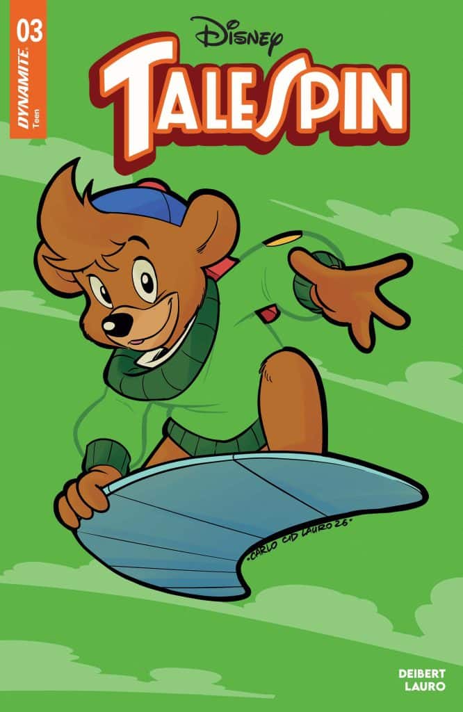 Cover of Disney's Talespin comic featuring a cheerful bear character in a green sweater and baseball cap, riding a surfboard, set against a bright green background.