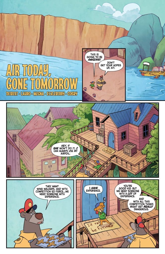 A colorful comic panel titled 'Air Today, Gone Tomorrow' featuring anthropomorphic animal characters discussing a flying competition. One character expresses excitement while another cautions them not to get their hopes up. The scene depicts buildings surrounded by nature and a body of water in the background.