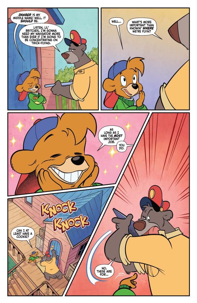 A comic strip featuring anthropomorphic bear characters engaged in conversation, one wearing a cap with a badge, discussing flying and responsibilities while a 'knock knock' sound is heard.