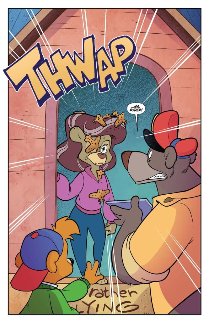 A comic scene featuring a startled woman with cookie crumbs on her face standing at a door, while two animals, a bear and a smaller animal, look at her curiously. The word 'THWAP' is prominently displayed, indicating an action, with the woman exclaiming 'Ms. Ryder!'