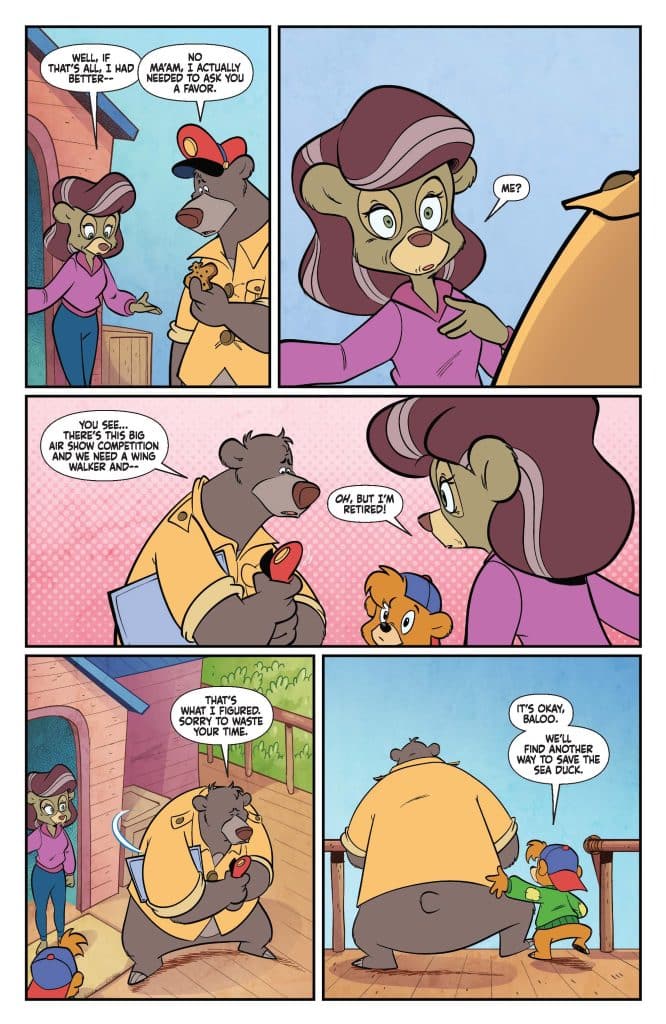 A comic strip featuring anthropomorphic characters: a bear in a uniform speaking to a female character with brown hair, while a young character looks on. The characters discuss needing help for a task related to a big air show.