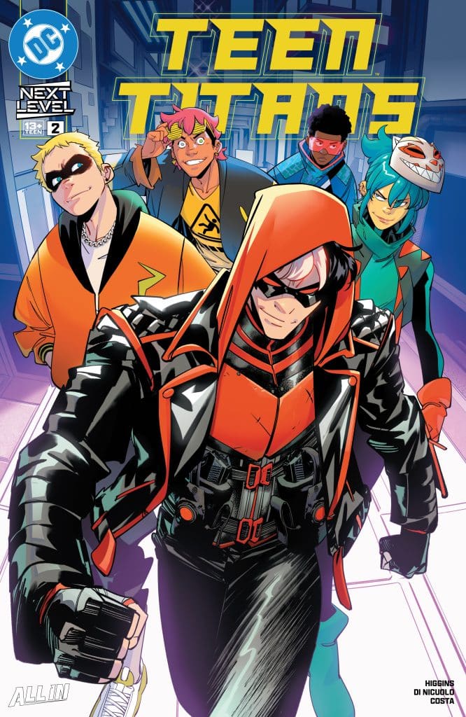 Cover of 'Teen Titans' comic featuring five characters in stylish outfits, with the title prominently displayed above them.