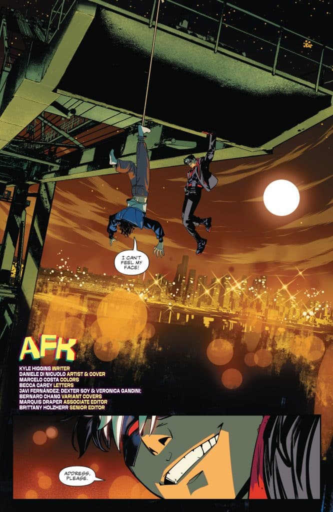 A comic book panel featuring two characters, one hanging upside down from a rope, with a city skyline and a large moon in the background. The character hanging appears distressed, expressing they can't feel their face, while another character with a smirk watches from below.