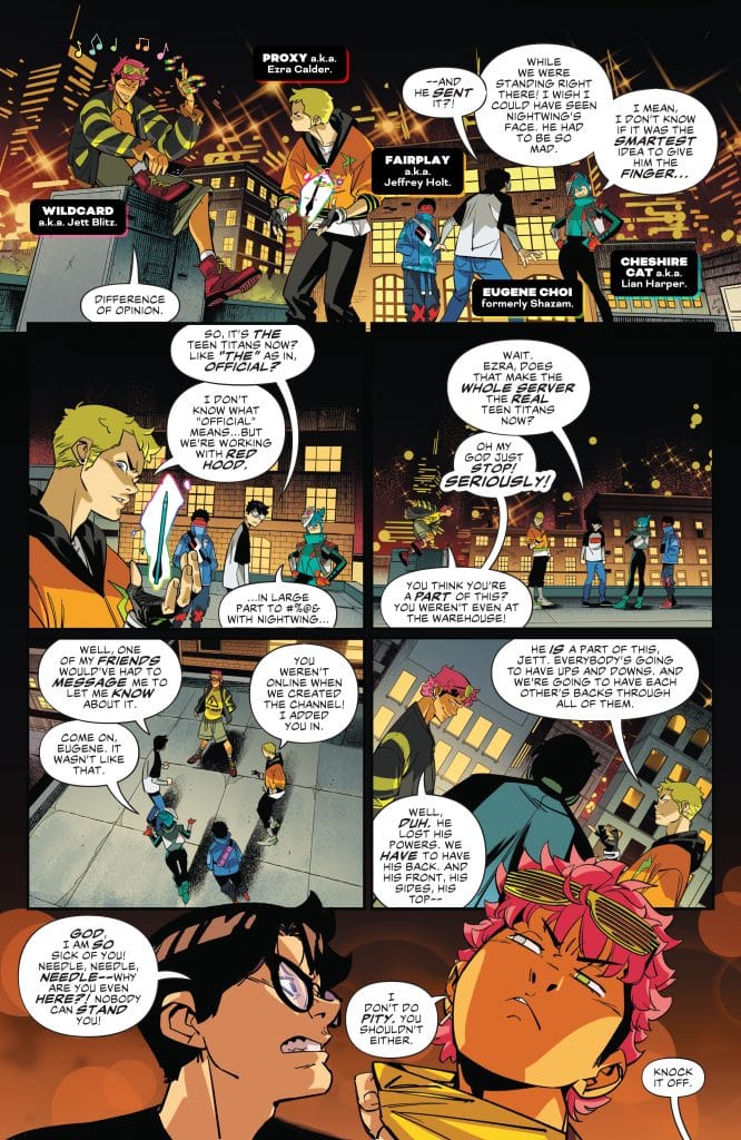 Comic book page featuring several characters engaged in a conversation in a city setting at night, discussing team dynamics and personal issues. Key characters include Proxy (Ezra Calder), Fairplay (Jeffrey Holt), Wildcard (Jett Blitz), Cheshire Cat (Ian Harper), and Eugene Choi (formerly Shazam).