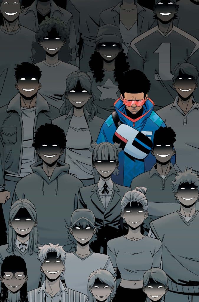 A group of stylized characters with exaggerated smiling faces and blacked-out eyes, featuring one character in a blue and black jacket standing prominently in the center.