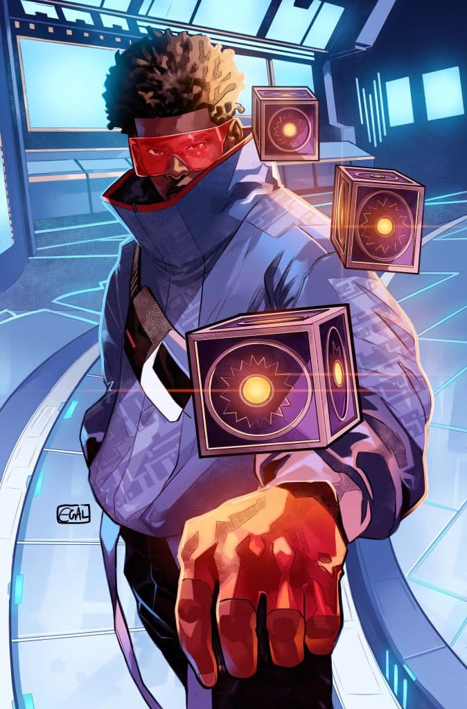 A futuristic character with curly hair wearing red-tinted glasses and a high-collared jacket, extending a hand forward with holographic cubes floating around them in a sci-fi setting.