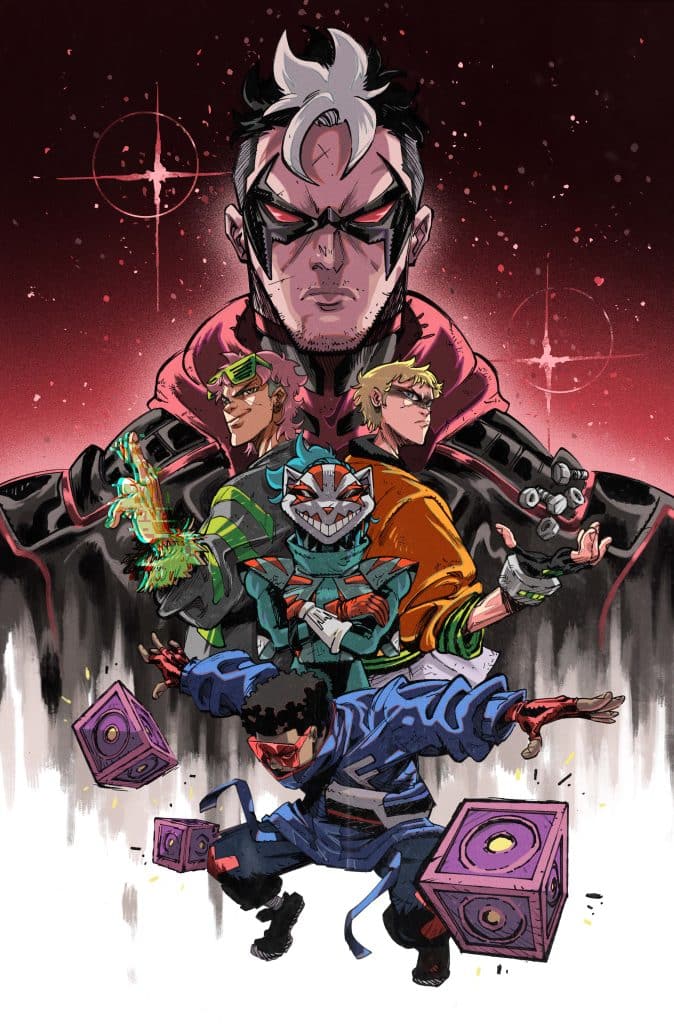 A dynamic illustration featuring four stylized characters with unique outfits and hairstyles. The central figure has a commanding presence with a serious expression, flanked by three diverse characters in colorful attire, each displaying distinct facial expressions and poses. The background features a starry design, enhancing the dramatic effect.