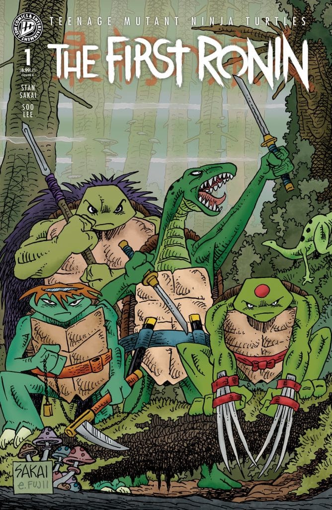 Cover art of 'Teenage Mutant Ninja Turtles: The First Ronin' featuring four anthropomorphic turtles in a lush, forested setting, dressed in ninja attire and wielding weapons.