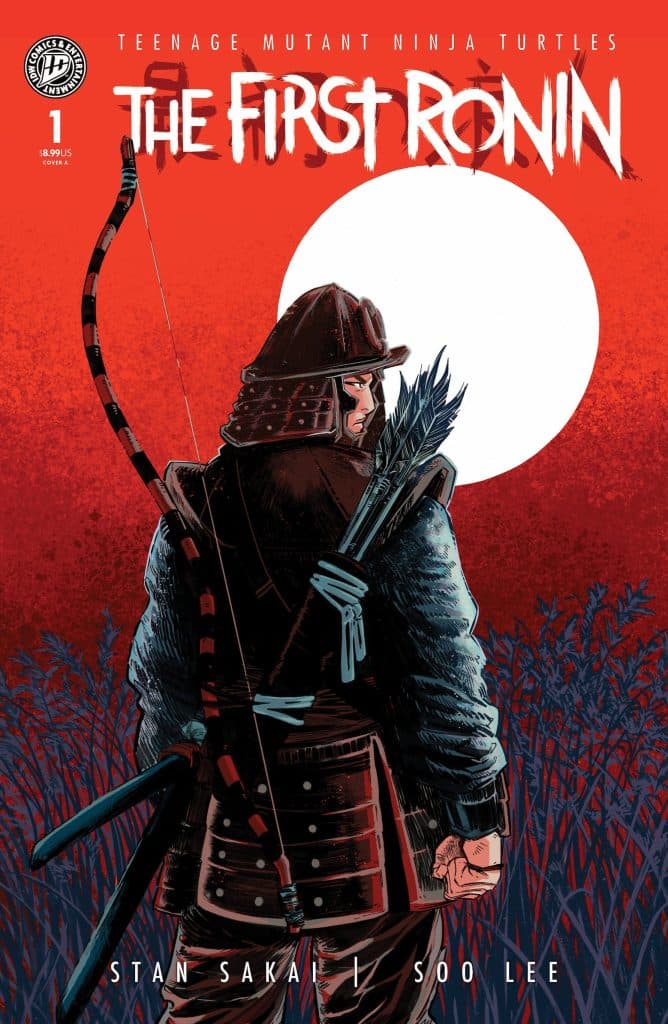 Comic book cover for 'Teenage Mutant Ninja Turtles: The First Ronin', featuring a lone warrior in traditional attire wielding a bow and arrows, set against a large white moon and a red background.