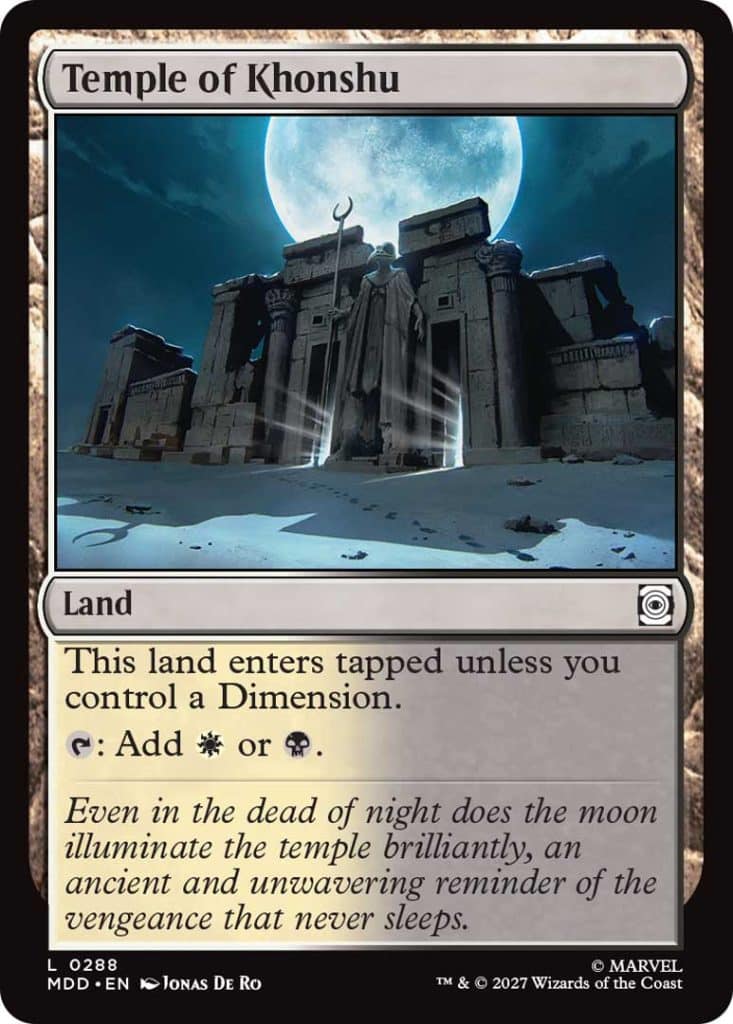Artistic depiction of the Temple of Khonshu surrounded by a night sky, featuring a large moon, detailed architecture, and sculpted figures.
