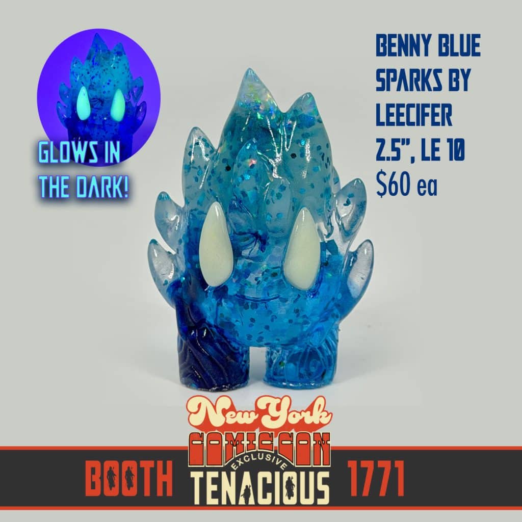 A collectible blue glow-in-the-dark figurine named Benny Blue Sparks by Leecifer, standing 2.5 inches tall, part of a limited edition of 10, priced at $60, displayed with promotional text for New York Comic Con and booth number 1771.