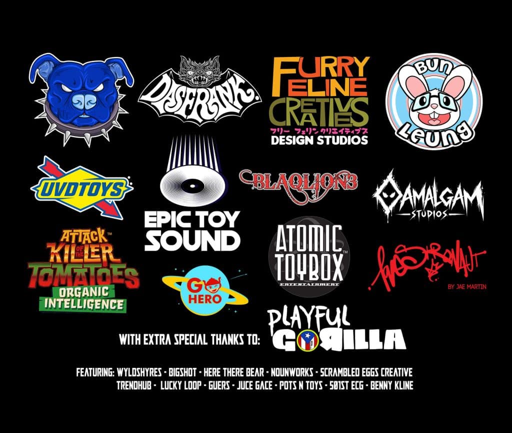 A collage of logos from various toy and design studios, featuring colorful designs against a black background.