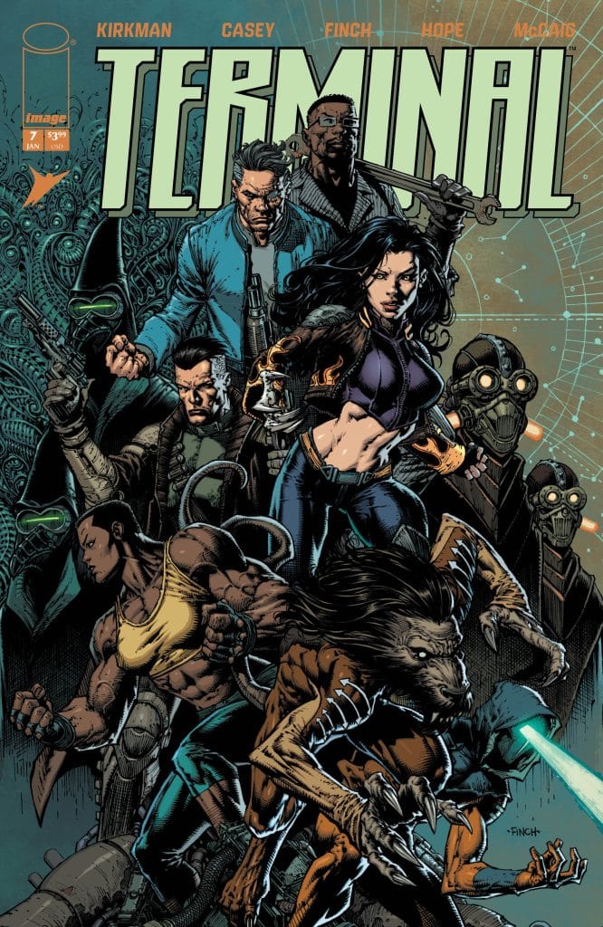 Cover of the comic book 'Terminal' featuring a group of diverse characters in dynamic poses, set against a futuristic background with mechanical elements.