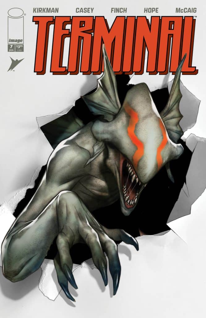 Cover of the comic book 'Terminal' featuring a monstrous creature with sharp teeth and hands emerging from a torn surface, with the title prominently displayed in bold red letters.