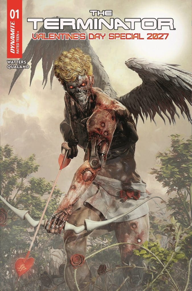 Cover of 'The Terminator: Valentine's Day Special 2027' featuring a zombie-like character with angel wings, holding a bow and arrow with a heart-shaped tip, surrounded by roses.